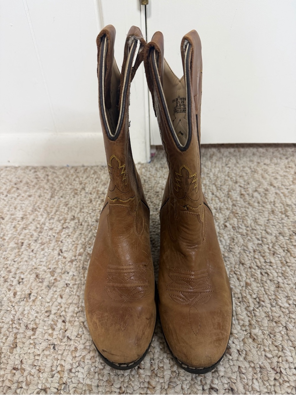 Old West Brown Leather Cowboy Boots with Yellow Stitching size 2